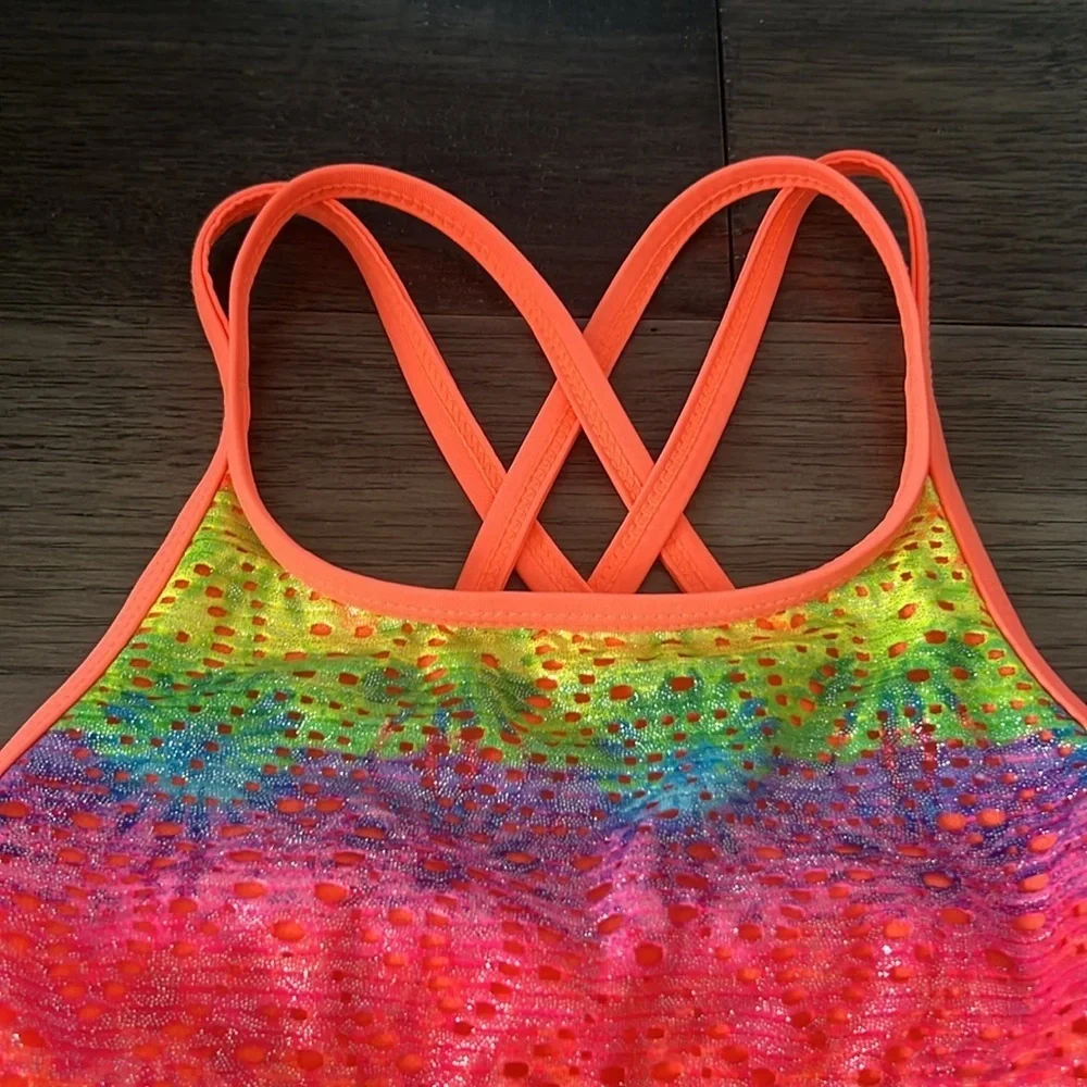 Toddler fluorescent metallic like multicolor rainbow crisscross strap swimsuit